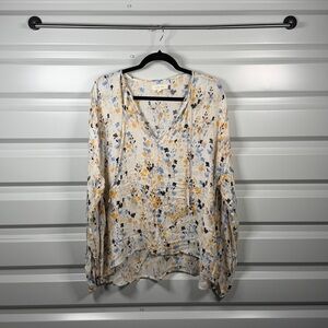 Chic Floral V-Neck Blouse - Cream and Blue